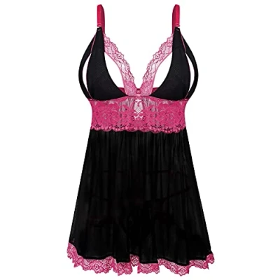 Afbeelding van EVELIFE Vrouwen Sexy Plus Size Babydoll Jurk Kanten Lingerie Chemise Nachtkleding Set met G String(Zwart, M)