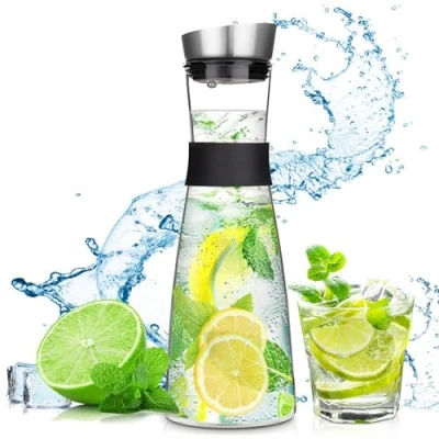 Afbeelding van FAMKEEP glazen waterkan, fles van 1200 ml en roestvrijstalen deksel, waterkan voor koud heet sap, thee, melk koffie