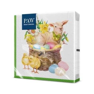 Afbeelding van PAW Papieren Servetten 3 laags (33 x 33 cm) I 20 Stuks Perfect voor Pasen, Feesten, Lente en Vieringen Tafeldecoratie Paasfeest Kleurrijke Lam Mand