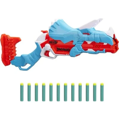 Afbeelding van Nerf DinoSquad Tricera blast dartblaster, openklapbaar om 3 darts te laden, 12 darts, opbergruimte voor Triceratops dinosaurusdesign