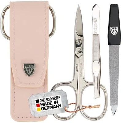 Afbeelding van DREI SCHWERTER 3 delige nagelverzorgingsset &#039;Venezia&#039; Hoogwaardige manicure pedicure set in kunstleer nageletui, kleur roze. Made Germany Inhoud: nagelschaar, pincet, saffier nagelvijl