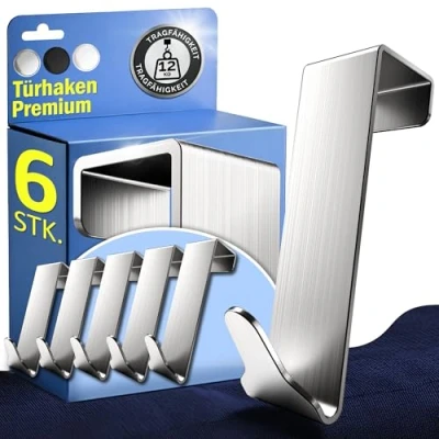 Afbeelding van Menz Premium deurhaken om op te hangen, 4 stuks roestvrij stalen kledinghaken, deur met anti slip en vilten pads, Made in Germany, haken voor deur, stabiele deurgarderobe hangen