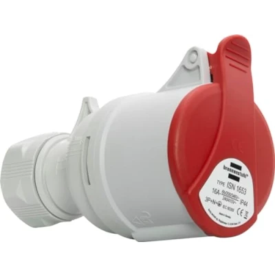 Afbeelding van Brennenstuhl CEE stopcontact 5 polig voor buiten, industriële stekker 400V/16A met deksel, schroefbare aansluiting, gebruik op bouwplaatsen, camping, commerciële toepassingen, IP44, 16 A