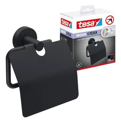 Afbeelding van tesa MOON BLACK toiletrolhouder met klep, mat zwart, zelfklevend, 53 mm x 140 128