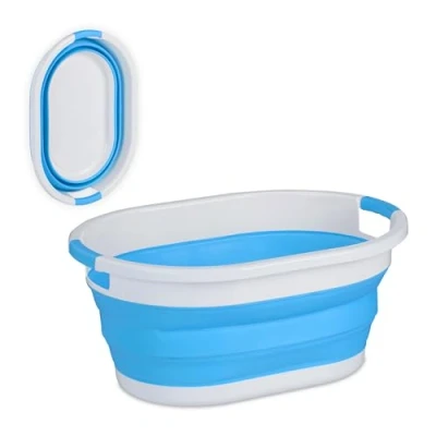 Afbeelding van Relaxdays opvouwbare wasmand kunststof draagbare wasgoedmand 36 liter heupwasmand blauw