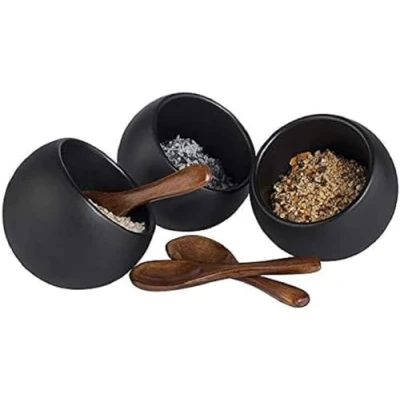 Afbeelding van APS servies &quot;MOON&quot; 6 delige set: 3 melamine kommen (Ø 8cm) + houten lepels, zwart