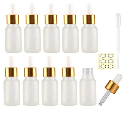 Afbeelding van Alledomain 10 stuks, ml matglazen flessen met druppelaarpipetten, mini lege druppelflesjes gouden aluminiumlegering dop hervulbare monstercontainer voor etherische oliën/massageoliën/chemische