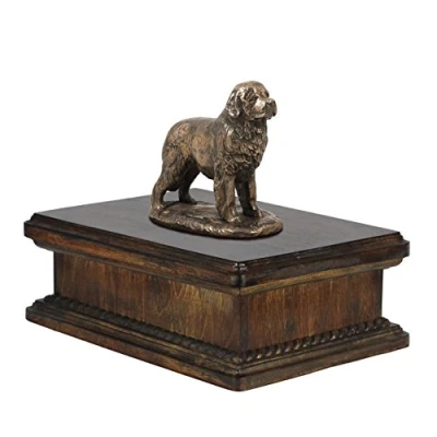 Afbeelding van Art Dog Custom Mama Sitting Statue Memorial Urn Handgemaakt koud gegoten brons op berkenhouten voet 24,5x29x21cm 5l Newfoundland