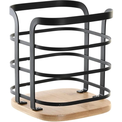 Afbeelding van Items keukengerei houder zwart 12 x 14,5 cm ijzer bamboe hout Keukenhulphouders