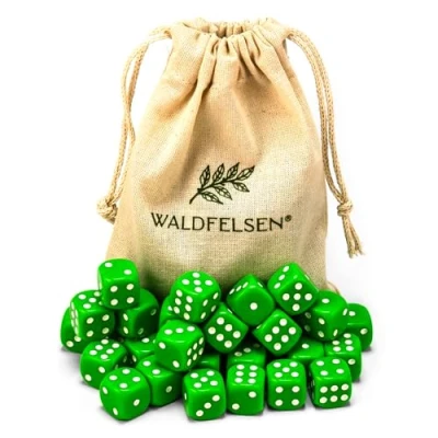 Afbeelding van Waldfelsen 6, 12, 20, 30 of 50 hoogwaardige dobbelstenen van ® standaardformaat 16 mm acrylkubus knobel speelkubus Dice 6 zijdig zeszijdig speelaccessoires set met stoffen zak (grasgroen, stuks)