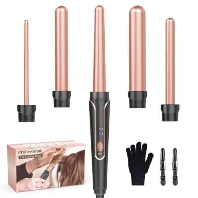 Afbeelding van Krultangset, 5 in 1, krultang voor grote krullen, keramische krulspelden met verschillende opzetstukken, temperatuurinstelling, snelle opwarming, handschoen en 2 clips