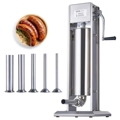 Afbeelding van VEVOR Handmatige worstschuiver, 7 l, commerciële verticale worstmachine, voedselveilige 304 roestvrijstalen worstzakmachine, 5 vulbuizen, voor keuken thuis, restaurant