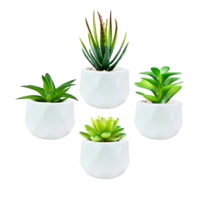 Afbeelding van vetplanten Kunstplanten binnenshuis in mini witte keramische potten, nep buiten, esthetische groene decor faux bureauplant voor badkamer, slaapkamer, woonkamer, kantoor, plank
