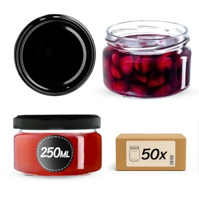 Afbeelding van KADAX kleine inmaakpotten, 250 ml, jampotten met deksel, luchtdichte potten om cadeau te geven, voor honing en specerijen (50 stuks, zwart)