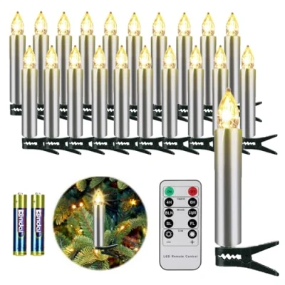 Afbeelding van FREEPOWER 20 LED Kaarsen Zilver Kerstkaarsen Draadloos, Kerstboomkaarsen met Afstandsbediening Timer Flikkeren Warmwit Kerstverlichting voor buiten Waterdicht Kerstdecoratie（met batterijen）