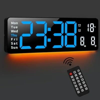 Afbeelding van Fuloon digitale wandklok, 8 kleuren, 40,6 cm groot display, led klok met nachtlampjes, afstandsbediening, countdown, dimbare grote datum, week, temperatuur