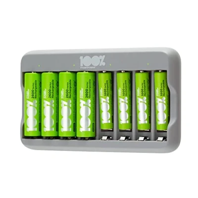 Afbeelding van 100% PeakPower batterij oplader Duurzame Keuze USB batterijlader incl. 4x oplaadbare AA 2300 mAh, AAA 800 mAh in plasticvrije verpakking