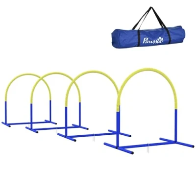 Afbeelding van PawHut hond behendigheidstrainingstoestellen, behendigheidsset, 4 delige steekhoedenset voor oudere honden, hondentrainingsset met draagtas, blauw + geel, 88 x 64 95 cm