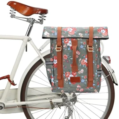 Afbeelding van TOURBON Waterdichte canvas fiets laptop fietstas rugzak reizen dagrugzak schooltas voor outdoor rijden, Bloem Groen, 43*14*30cm
