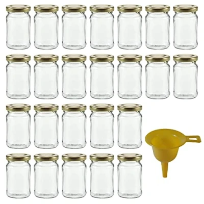 Afbeelding van Viva Haushaltswaren 24 x kleine inmaakpot 106 ml met goudkleurig deksel, ronde glazen potten als jampotten, kruidenpotjes, gastgeschenk enz. te gebruiken (incl. trechter).