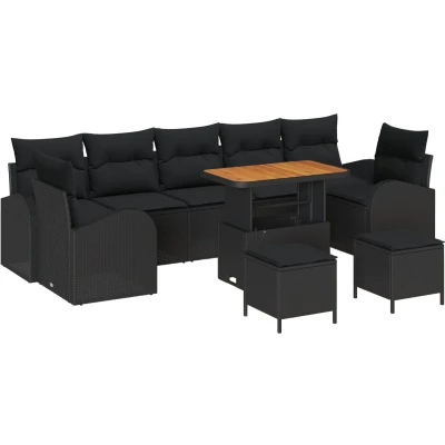 Afbeelding van vidaXL 10 delig Tuinbankstel met Kussens Zwart Poly Rattan Acacia