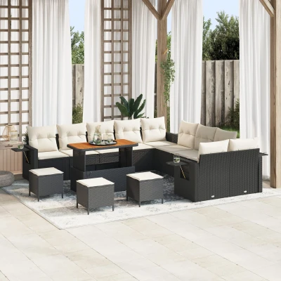Afbeelding van vidaXL 14 delige Tuinbank Set met Kussens Zwart Poly Rattan Acacia, 4 Tuin Eetset Acacia