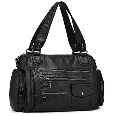 Afbeelding van VINBAGGE Dames handtas grote schoudertas PU lederen hengseltas vrouwen zachte hobo tas voor reizen school winkelen meisjes, B Zwart, Medium, Elegant