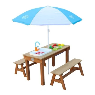 Afbeelding van AXI Dennis Zand en Watertafel Picknicktafel met Speelkeuken, Wastafel Losse Bankjes Bruin Parasol Blauw / Wit