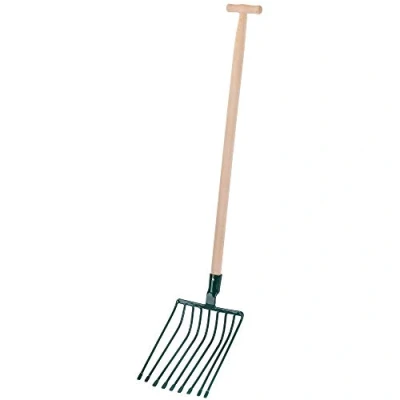 Afbeelding van KADAX Steenvork, vork met lange houten steel, 9 tanden, spatvork, hooivork, grafvork van staal, voor steen, tuin, aardappelvork, tuinvork (T greep)