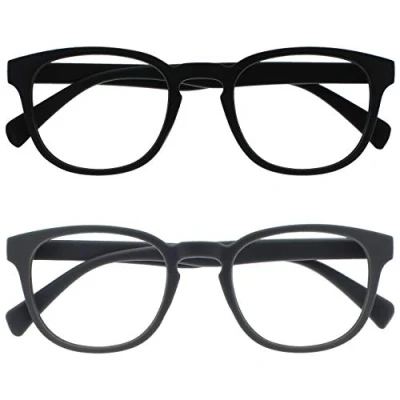 Afbeelding van Opulize Pop 2 Stuks Retro Ronde Glad Mat Zwart Grijs Mannen Vrouwen Leesbril Scharnieren Met Veer RR2 17 +3,50