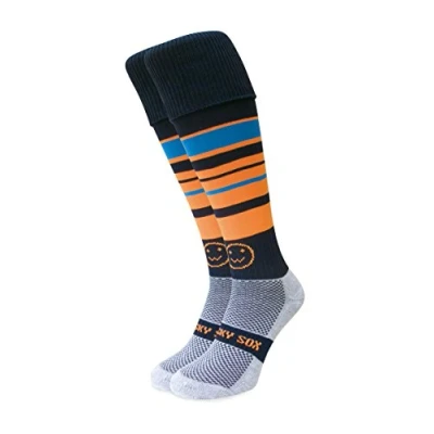 Afbeelding van WackySox Bright Hoop Rugby Sokken, Hockeysokken, Sportsokken voor mannen en vrouwen Geschikt paardrijden, sport, voetbal, hockey, hardloopsokken, Oranje, Hemelsblauw, Navy Blauw, Large