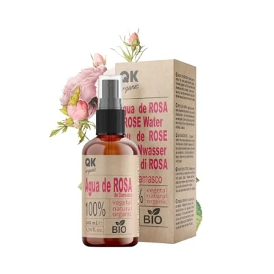 Afbeelding van QKnatur Biologisch damast rozenwater 100 ml 100% pure en natuurlijke gezichtstoner Gezicht, oogcontour, lichaam, haar Glazen fles met spray