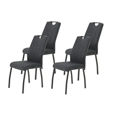 Afbeelding van Apollo Elif Eetkamerstoel, keukenstoel, 4 delige set, geweven stof, antraciet, metalen frame, grijs, rugleuning met handgreep, belastbaar tot 140 kg