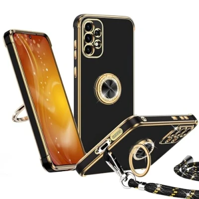 Afbeelding van Keteen Telefoonhoesje met koord, compatibel Samsung Galaxy A52 4G / 5G A52S 5G, telefoonhoes voor 360 graden metalen ringhouder, standaard, dun, schokbestendig, krasbestendig,