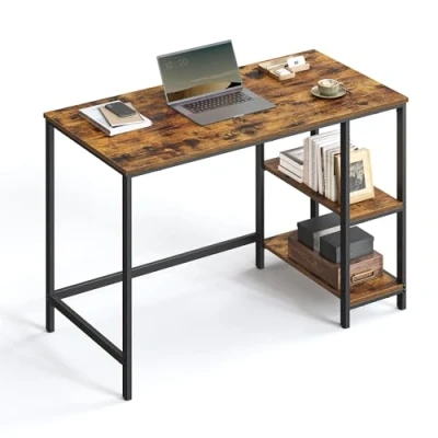 Afbeelding van VASAGLE Bureau, computertafel, PC tafel, kantoortafel, met 2 planken rechts of links, voor kantoor, woonkamer, stalen frame, industrieel ontwerp, vintage bruin zwart LWD046B01