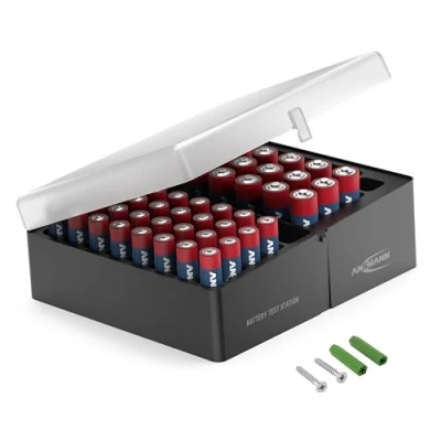 Afbeelding van ANSMANN batterijbox voor 56 batterijen met 32 ​​stuks Micro AAA en 20 stuks Mignon AA, opbergdoos batterijen, inclusief muurbeugel