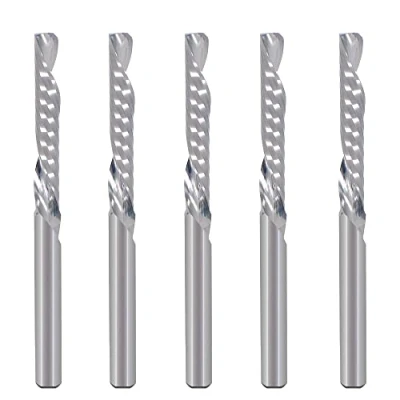 Afbeelding van 1/8 inch naar beneden gesneden afzonderlijke fluit (O fluit) spiraal End Mill CNC freesbits, met diameter diameter, 0,87 snijlengte voor acryl pvc MDF hout Pack van 5