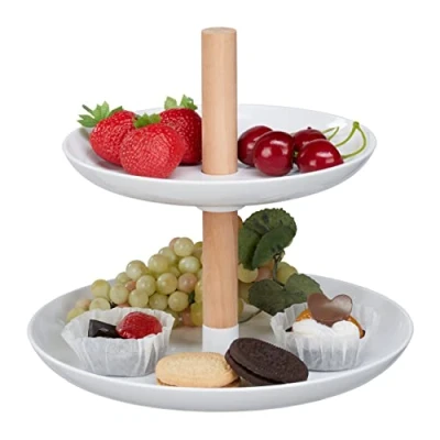 Afbeelding van Relaxdays etagère 2 laags wit hout serveerschaal bonbonschaal high tea