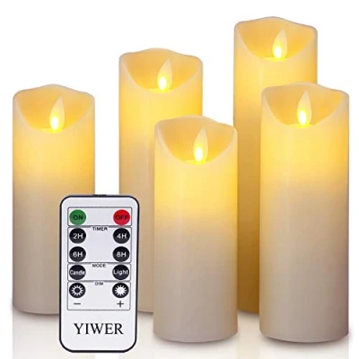Afbeelding van YIWER Ledkaarsen, vlamloze kaarsen,12/15/17/20/22 cm,set van 5 echte was met realistische dansende led vlammen en afstandsbediening 10 toetsen,met 2/4/6/8 uurs timer,300+ uur (ivoor,5x1)