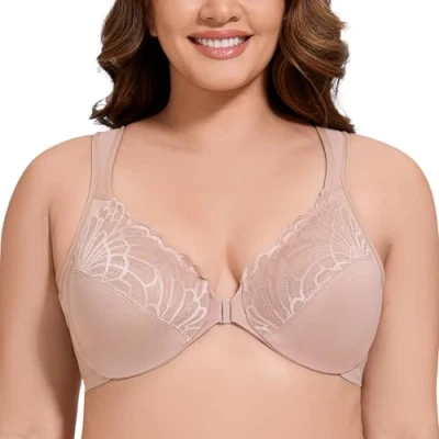 Afbeelding van MELENECA Dames beha voorsluiting grote maten met beugel kant zonder vulling Beige 80B