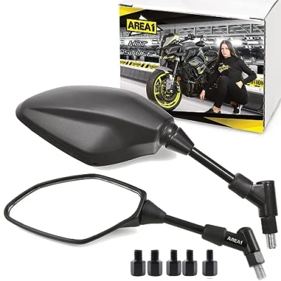 Afbeelding van Area1 Achteruitkijkspiegelset (rechts+links) e getest. M10 rechts+linkse schroefdraad. compatibel met Yamaha MT03 MT07 MT09 MT10 MT125 Tracer XT 1200 Tenere FZ6 FZ8 FZ1 XJ6SP Vmax Xmax Nmax Tricity WR