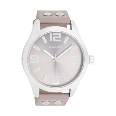 Afbeelding van Oozoo Polshorloge Basic Line met klinknagels leren band 47 mm diameter in verschillende kleurvarianten, C1086 Taupe /