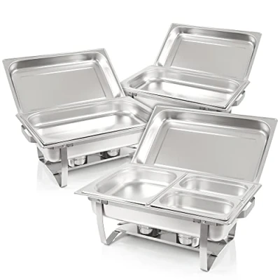 Afbeelding van Mahlzeit chafing Dish professionele set montpellier, 3 x roestvrijstalen warmhoudcontainers, 21 delige eetwarmer, warmtecontainer, rechaud, dishes, voedselwarmer, voor catering, buffet en feest