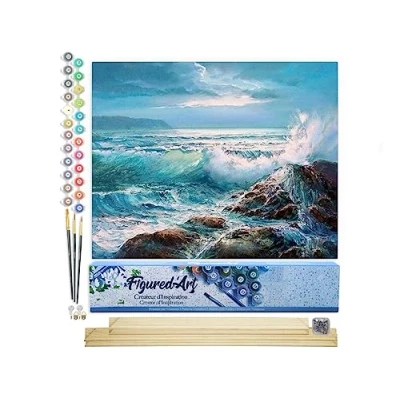 Afbeelding van Figured&#039;Art Schilderen op Nummer Volwassenen canvas Golven Handwerk acrylverf Kit DIY Compleet 40x50cm met houten lijst