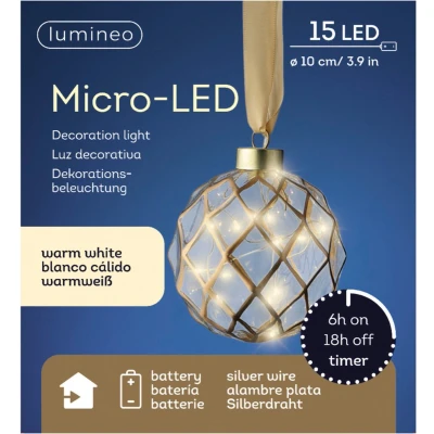 Afbeelding van Lumineo Verlichte kerstbal glas aan lint D10 cm goud 15 led lampjes warm wit