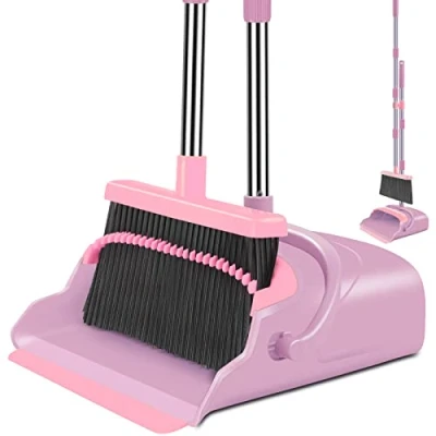 Afbeelding van Bezem Stofpan Set, en Set voor Thuis, Stand Up Stofpan, Combi Kantoor (Roze)