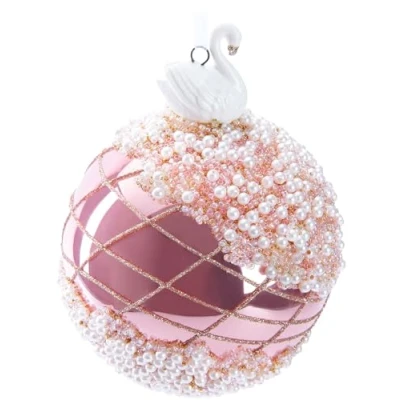 Afbeelding van BRUBAKER Premium Kerstbal, Roze Met Zwanenbeeldje, De Hand Gedecoreerde Glazen Kerstballen, 10 Cm, Kerstboomversiering Parels En Glitters