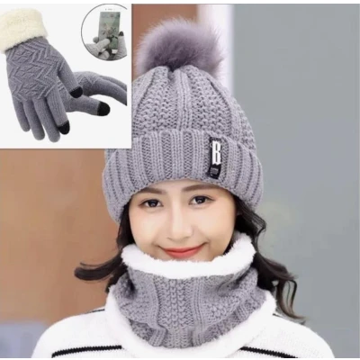 Afbeelding van 3 in 1 Winter Beanie Dames Muts + Sjaal Handschoenen One Size Grijs