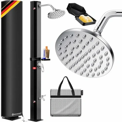 Afbeelding van KESSER® Zonnedouche 35 liter tuindouche op zonne energie, warm water max. 60 C, zwembaddouche zonder stroomaansluiting, campingdouche met regendouchekop, kraan, tuinslangaansluiting, plank en tas