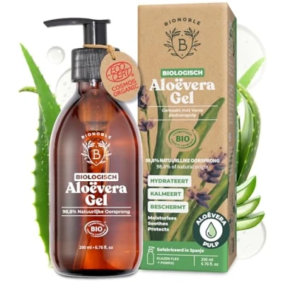 Afbeelding van Biologische ALOË VERAGEL Gemaakt van 100% Verse Pure Aloëpulp en Etherische Lavendelolie Zonder Xanthaan Gezicht, Oogcontour, Lichaam, Haar Glazen Pompflesje (200ml)